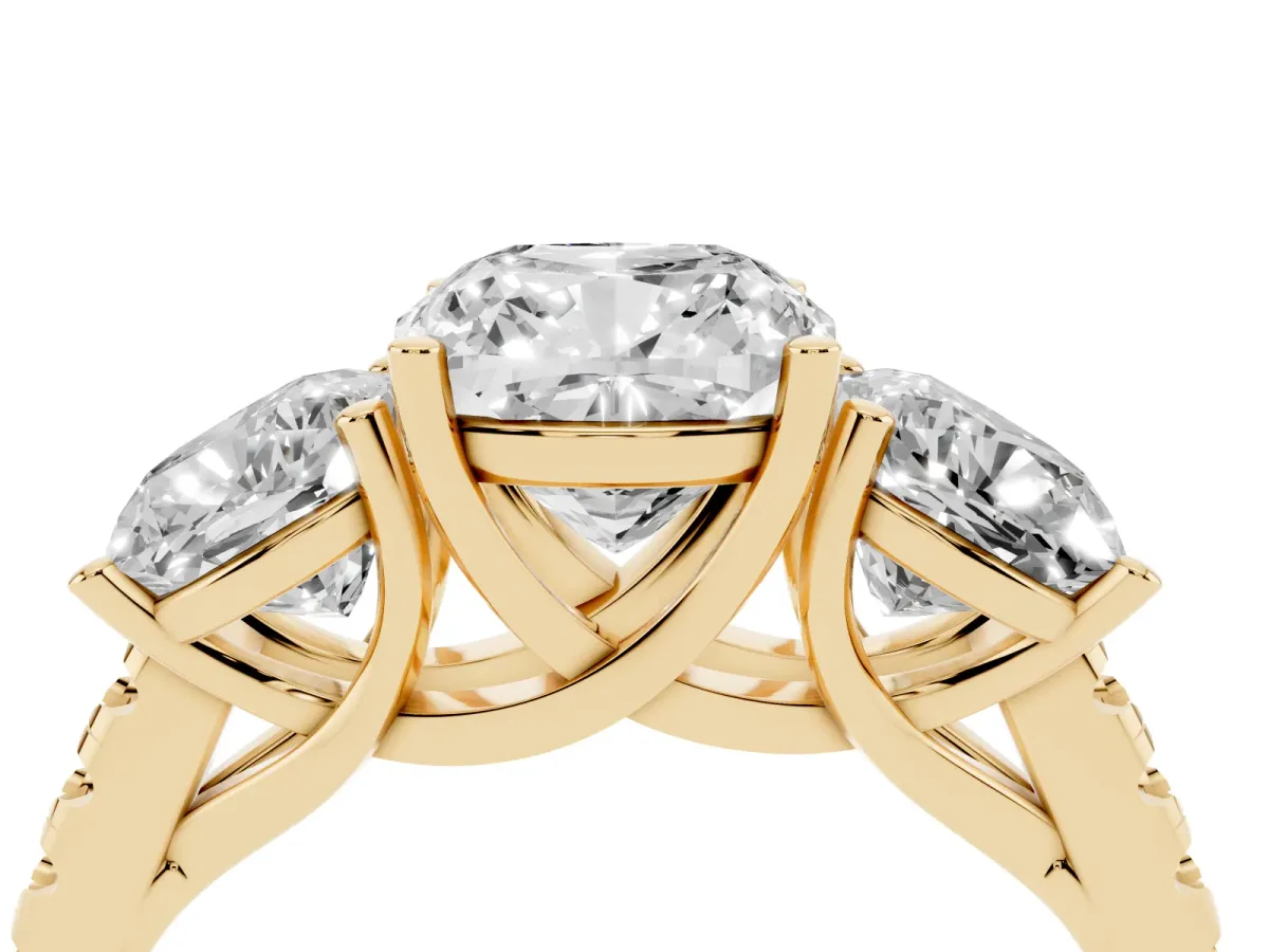 Three-Stone Cushion Cut Diamond Ring with Round Pavé Band and Prong Setting Yellow gold