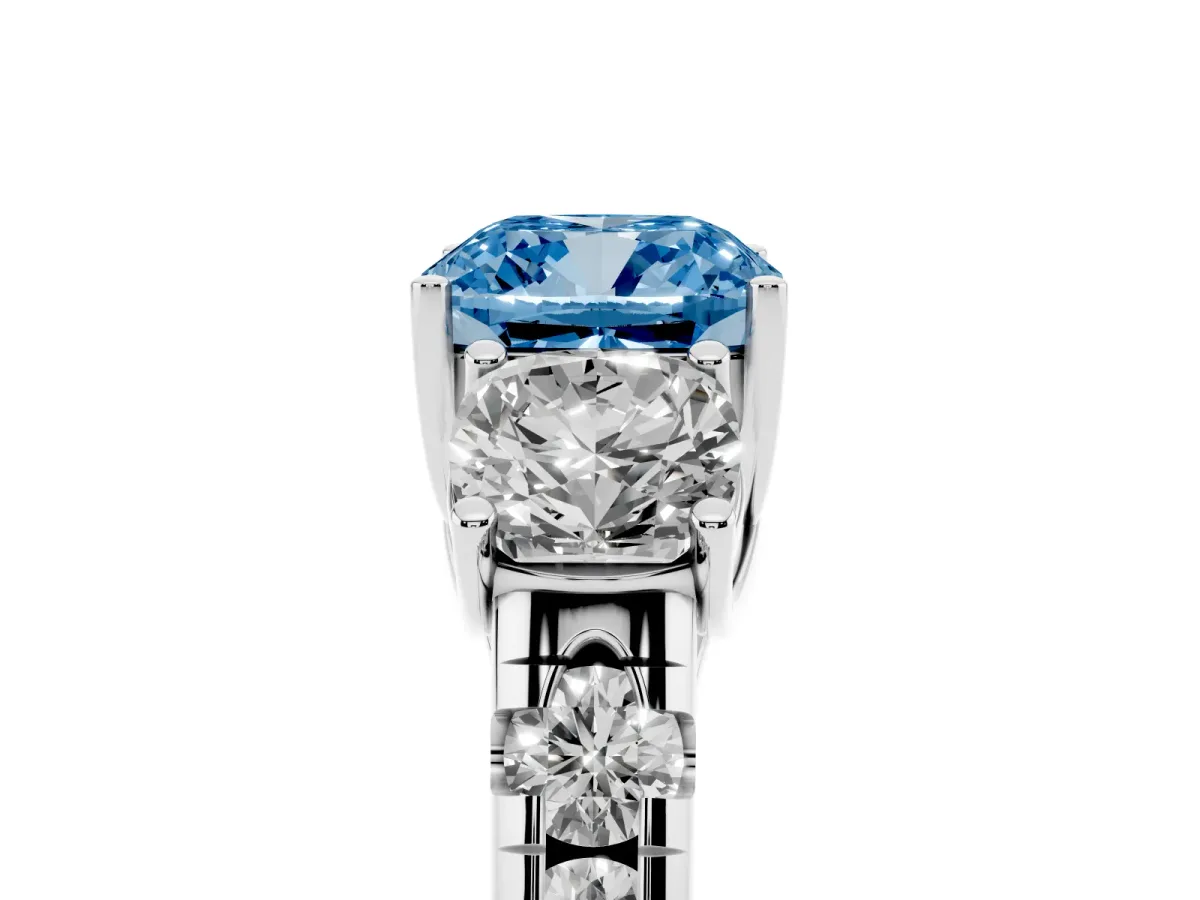 Fancy Blue Three-Stone Cushion Cut Diamond Pavé Band with Prong Setting Silver