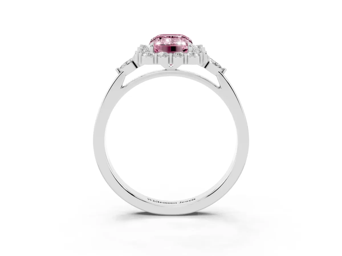 Fancy Pink Emerald Cut Diamond Halo Ring with Pear Side Stones and Prong Setting Silver
