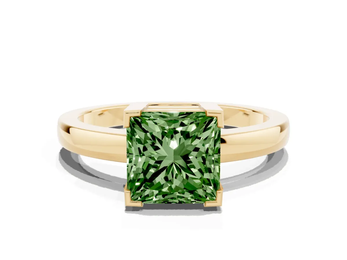 Fancy Green Princess Cut Cut Solitaire Ring with Four-Prong Setting and Classic Band Yellow gold