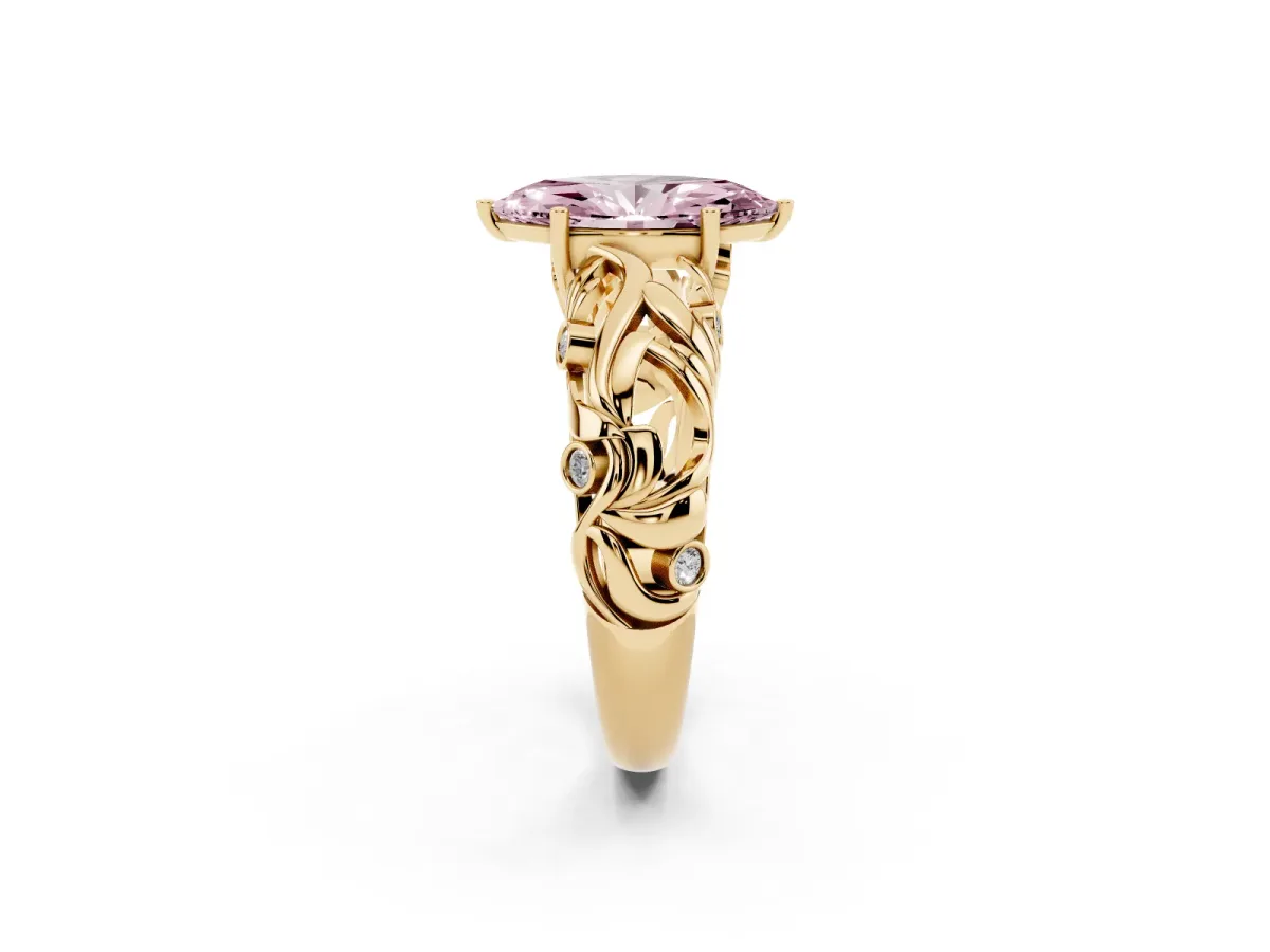 Fancy Pink Marquise Cut Solitaire Diamond Leaf-Inspired Vine Band Ring with Prong Setting Yellow gold
