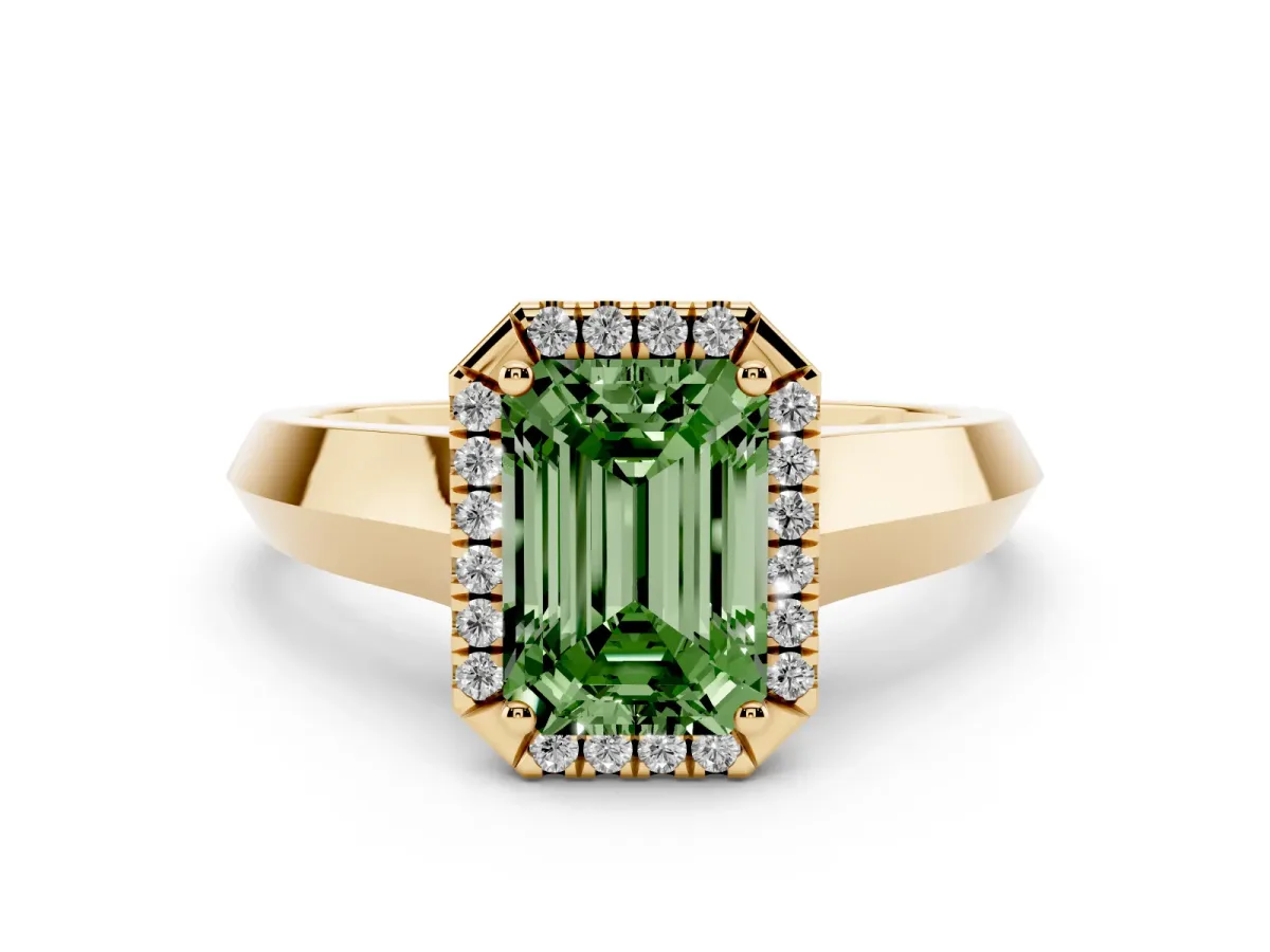 Fancy Green Emerald Cut Halo Diamond Ring with Cathedral Band and Four-Prong Setting Yellow gold