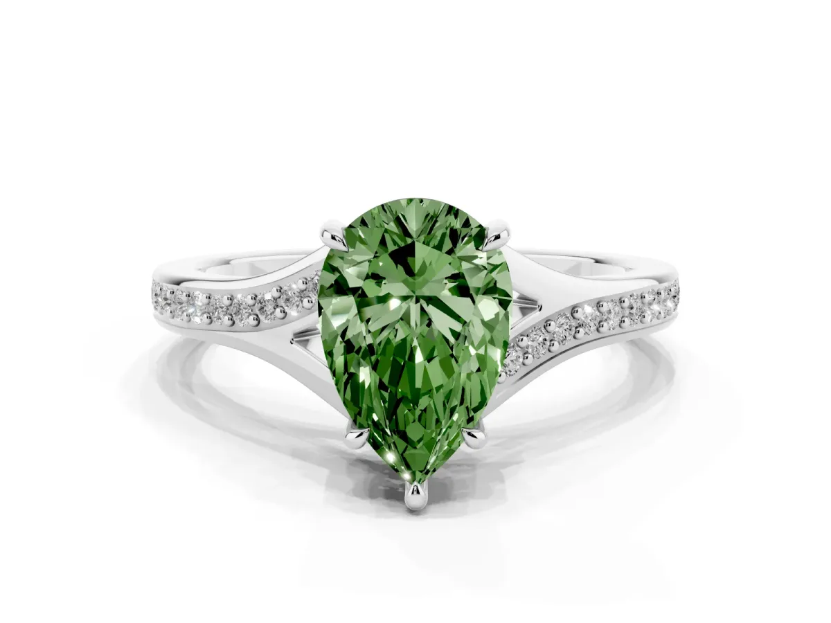 Fancy Green Pear Cut Diamond Solitaire Ring with Pavé Band and Prong Setting Silver
