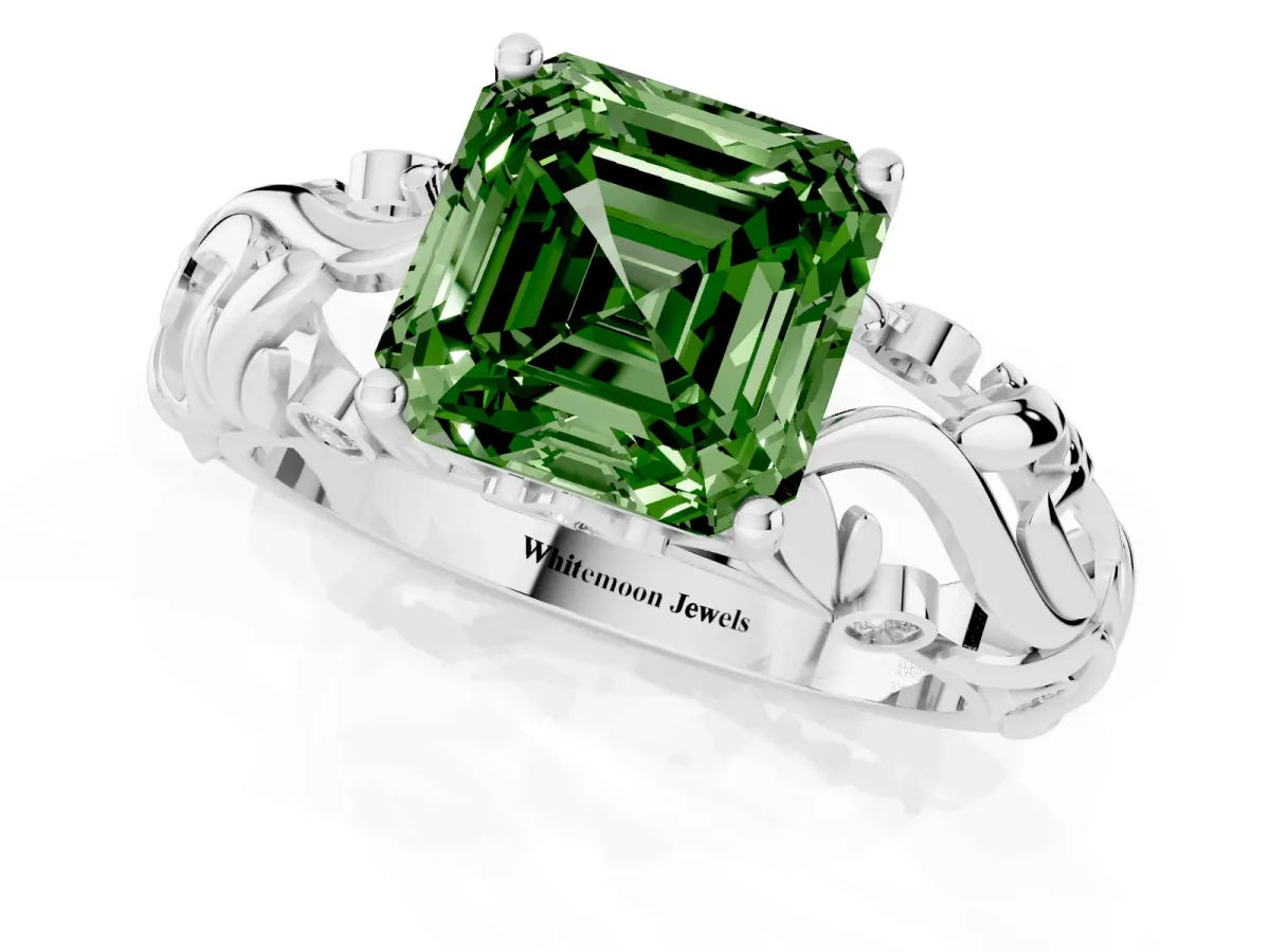 Fancy Green Asscher Cut Solitaire Diamond Leaf-Inspired Vine Band Ring with Prong Setting Silver