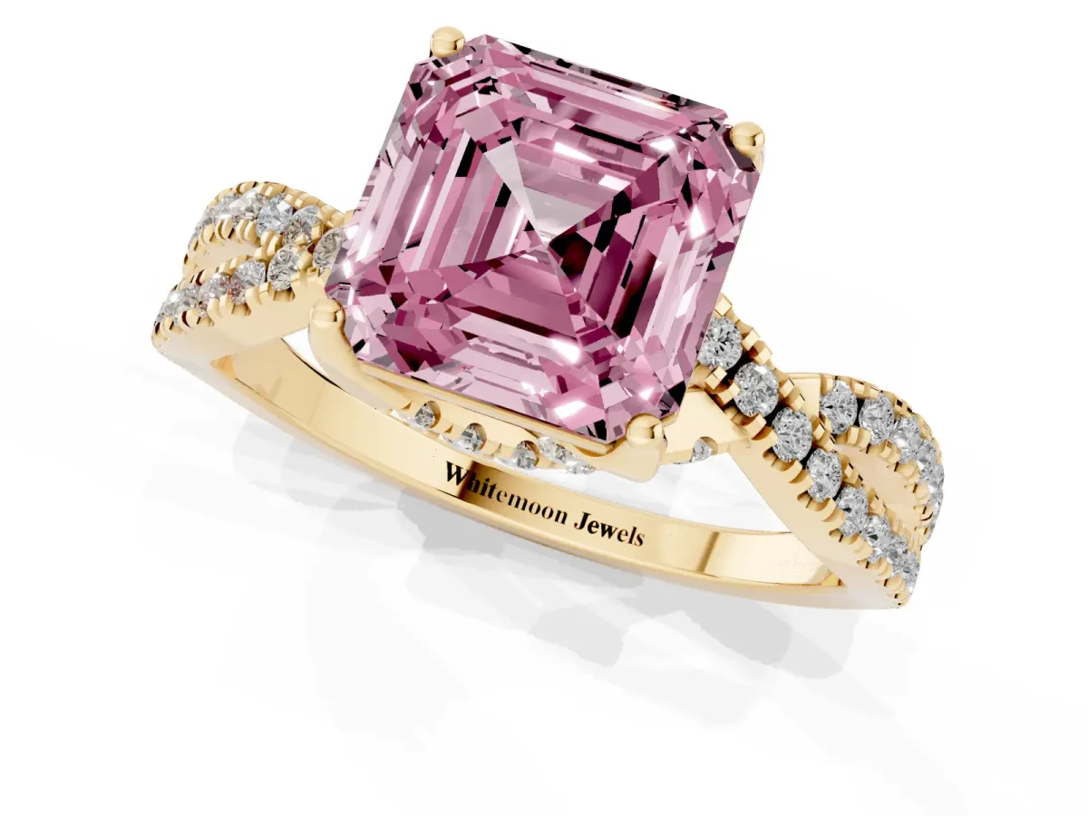 Fancy Pink Asscher Cut Solitaire Twist Pave Diamond Engagement Ring with Prong Setting Yellow gold