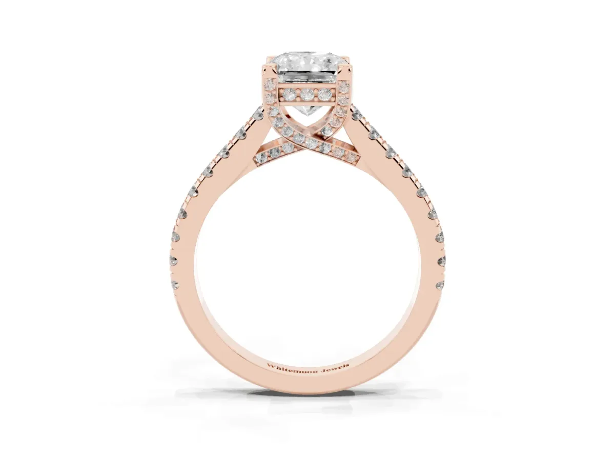 Radiant Cut Brilliant Diamond Solitaire with Pavé Band and Four-Prong Setting Rose gold