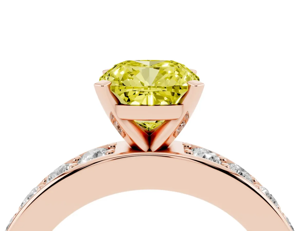 Fancy Yellow Cushion Cut Diamond Engagement Ring with Channel Set Round Band and Prong Setting Rose gold
