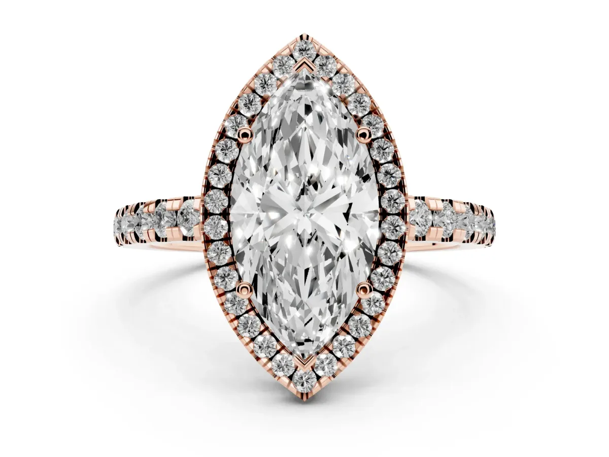 Marquise Cut Diamond Halo Ring with Pavé Band and Four-Prong Setting Rose gold