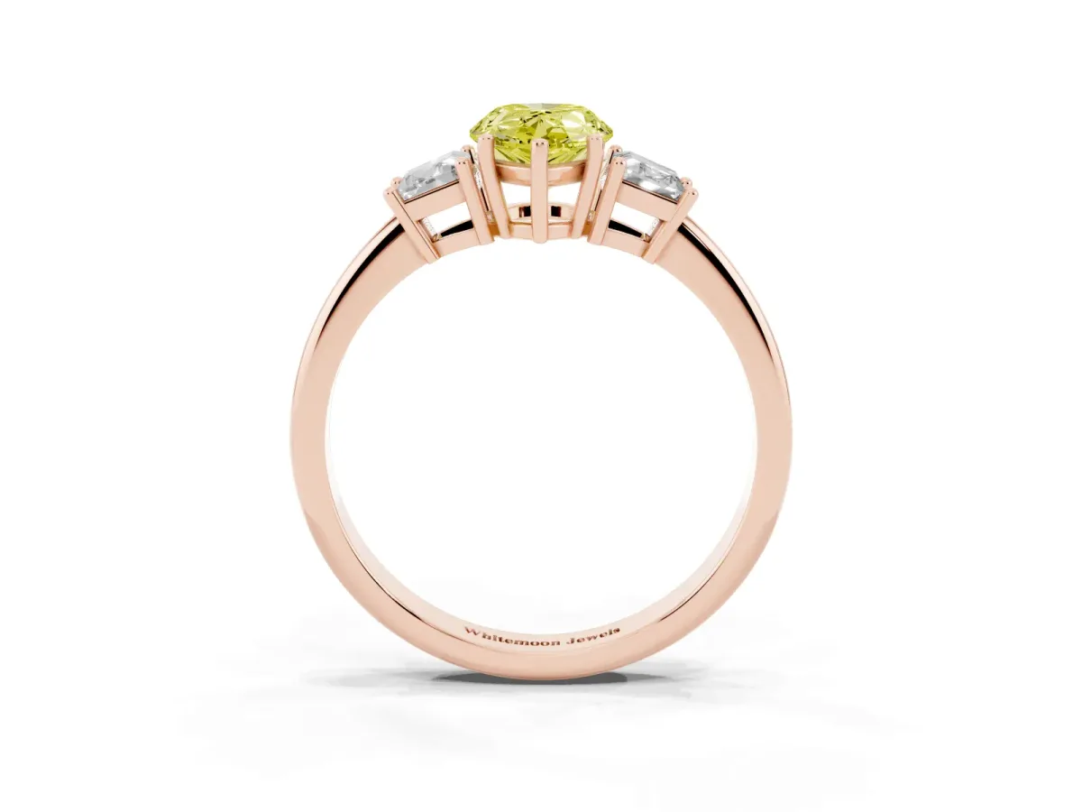 Fancy Yellow Pear Cut Diamond Three-Stone Ring with Trapezoid Side Stones and Prong Setting Rose gold