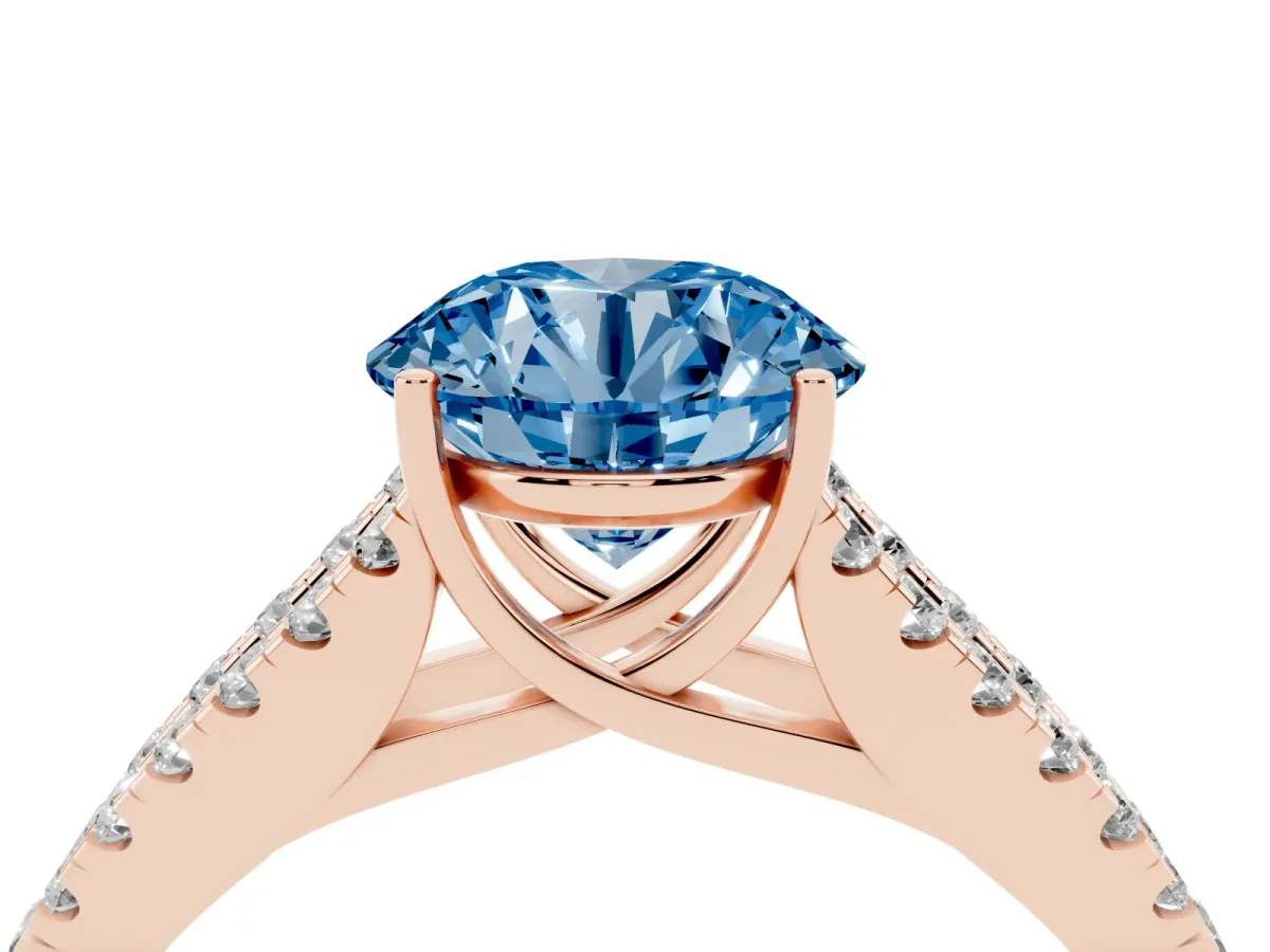 Fancy Blue Round Cut Diamond Split Shank Engagement Ring with Round Pavé and Prong Setting Rose gold