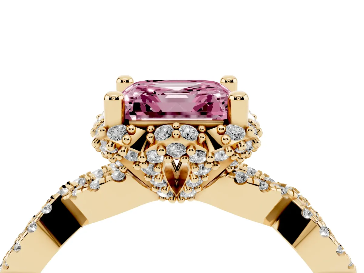 Fancy Pink Asscher Cut Halo Twist Band Solitaire Ring with Six-Prong Setting Yellow gold