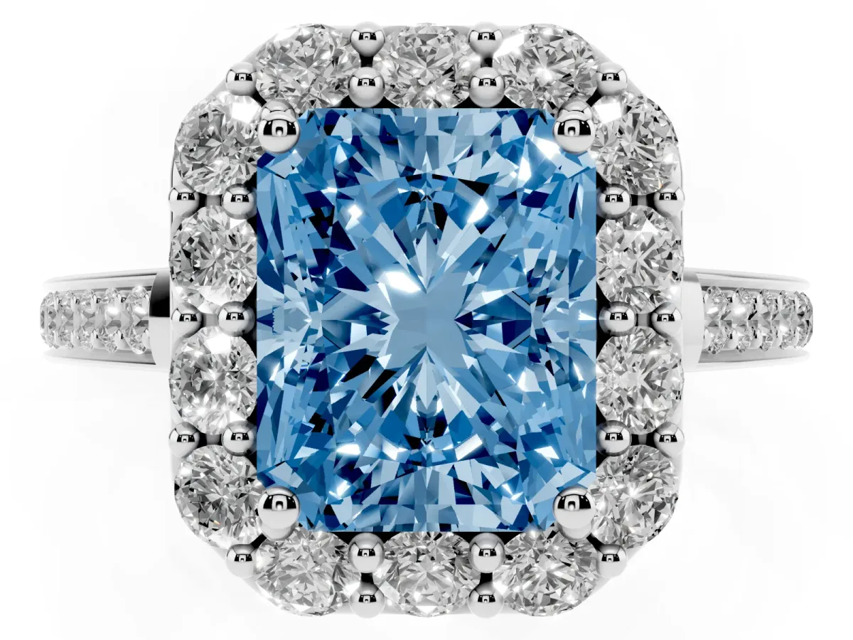 Fancy Blue Radiant Cut Diamond Floral Halo Ring with Pavé Band and Prong Setting White gold