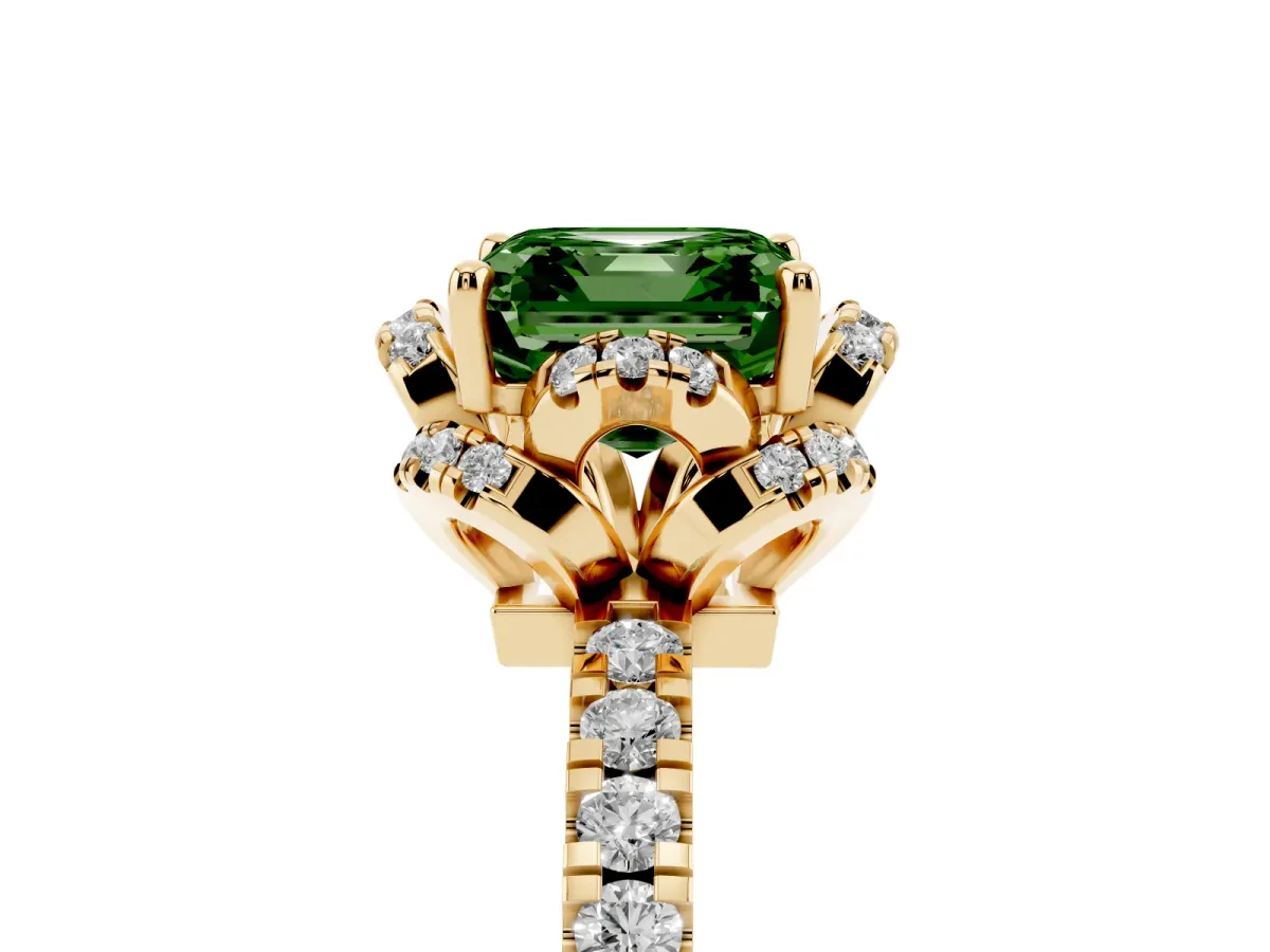 Fancy Green Asscher Cut Halo Diamond Pave Band Ring with Four-Prong Setting Yellow gold