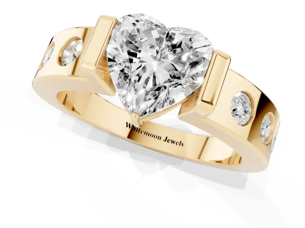 Heart Cut Brilliant Channel-Set Diamond Ring with Bezel Prong Setting Yellow gold