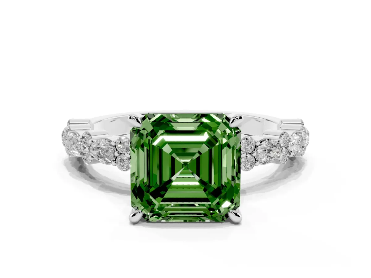 Fancy Green Asscher Cut Diamond Side Stone Solitaire Ring with Round and Four-Prong Setting Platinum