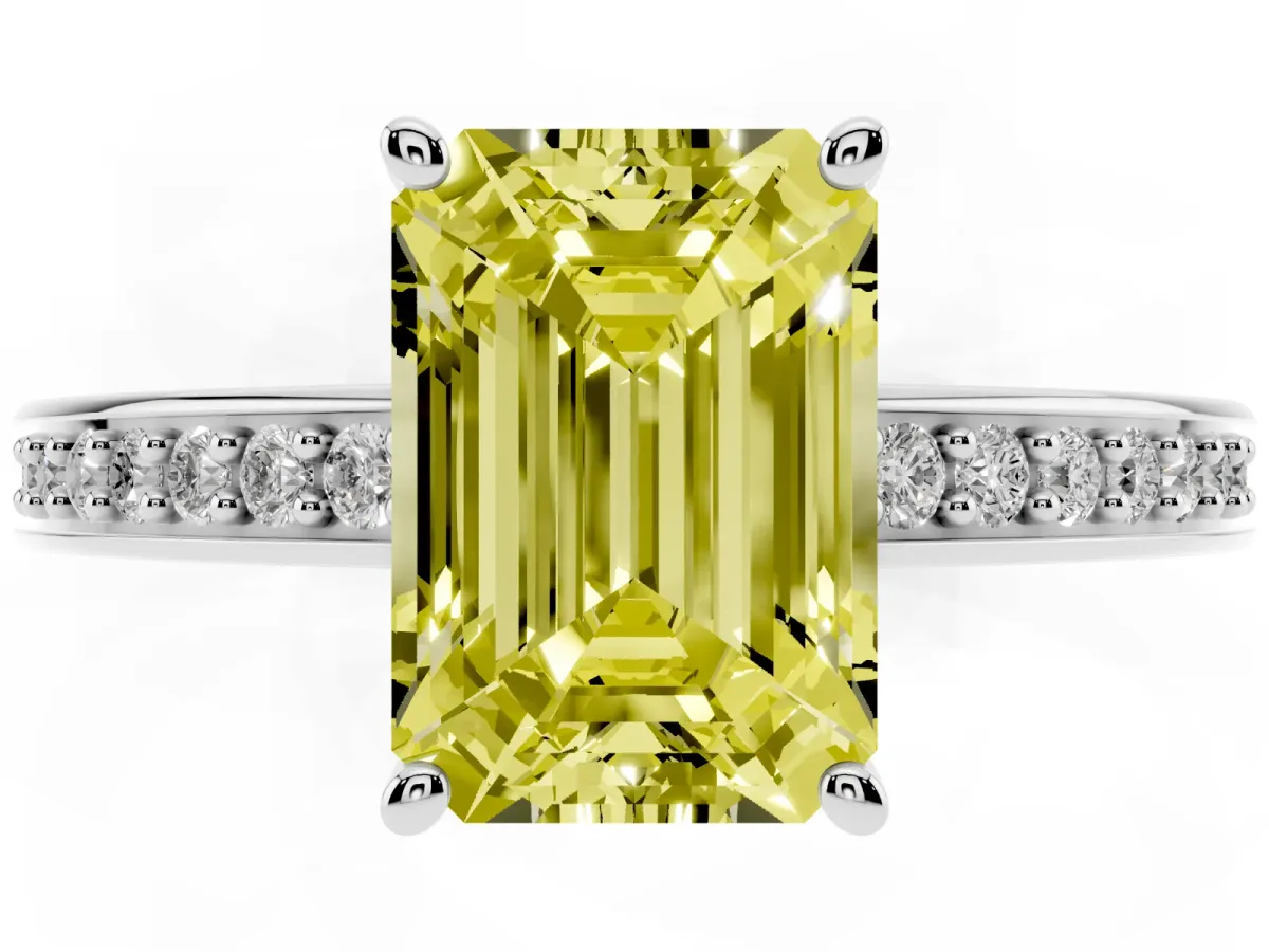 Fancy Yellow Emerald Cut Solitaire Pavé Band Prong Setting Ring Platinum