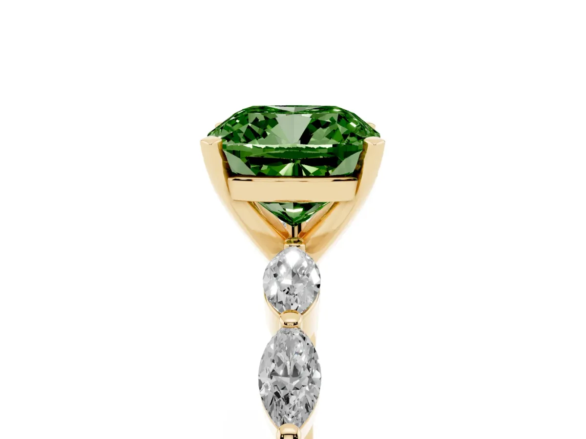 Fancy Green Cushion Cut Diamond Ring with Marquise Side Stones and Prong Setting Yellow gold