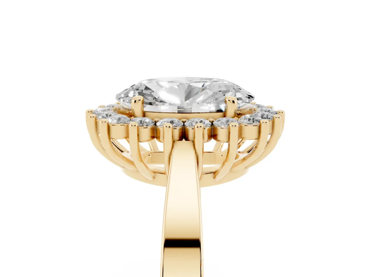Oval Cut Cut Diamond Halo Ring with Round Brilliant Halo and Solitaire Band Yellow gold