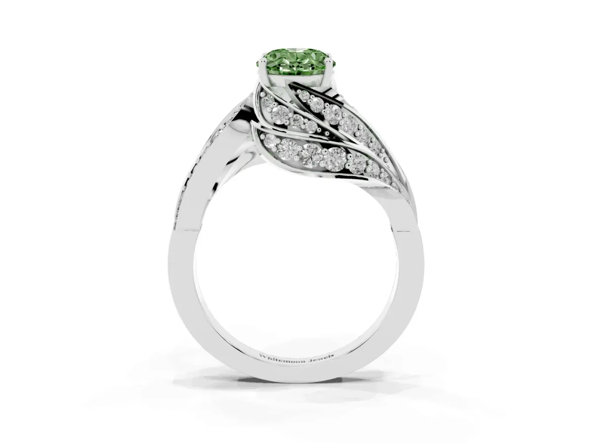 Fancy Green Oval Cut Diamond Solitaire Ring with Prong Setting and Twisted Pavé Band Silver