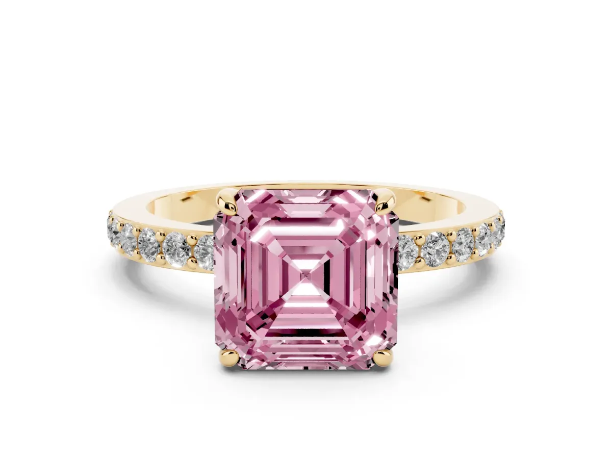Fancy Pink Asscher Cut Diamond Solitaire Engagement Ring with Pavé Band and Four-Prong Setting Yellow gold