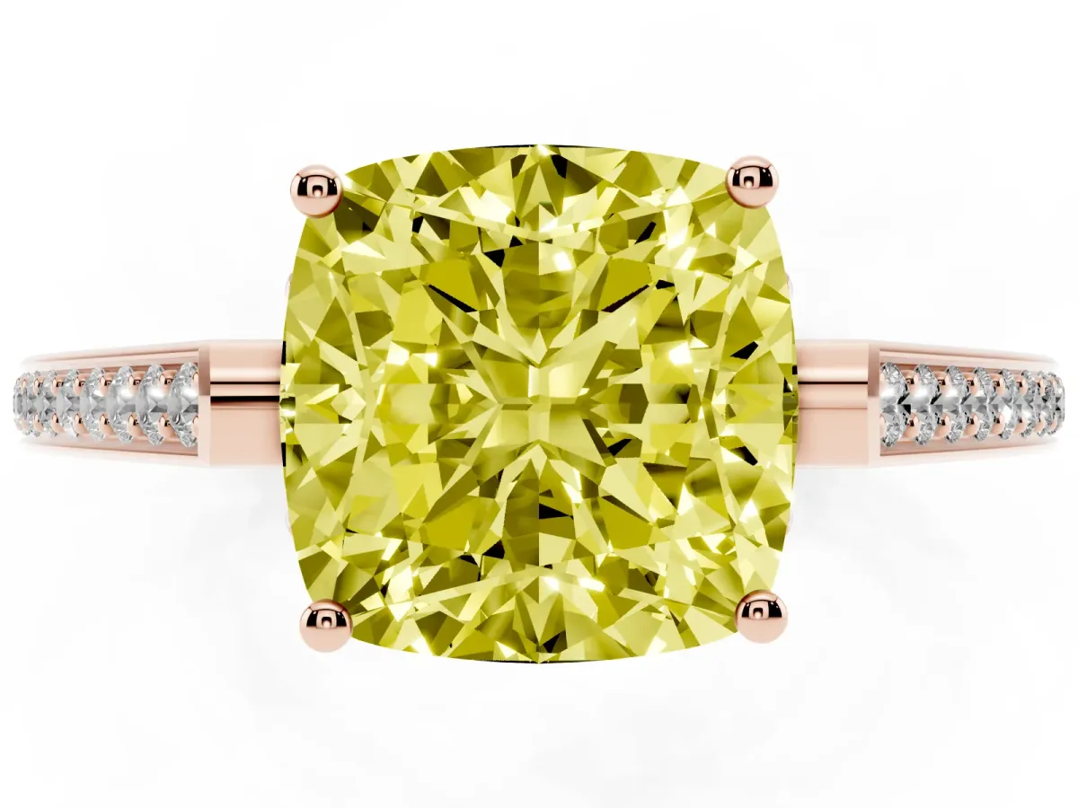 Fancy Yellow Cushion Cut Cut Cathedral Pave Diamond Engagement Ring with Six-Prong Setting Rose gold