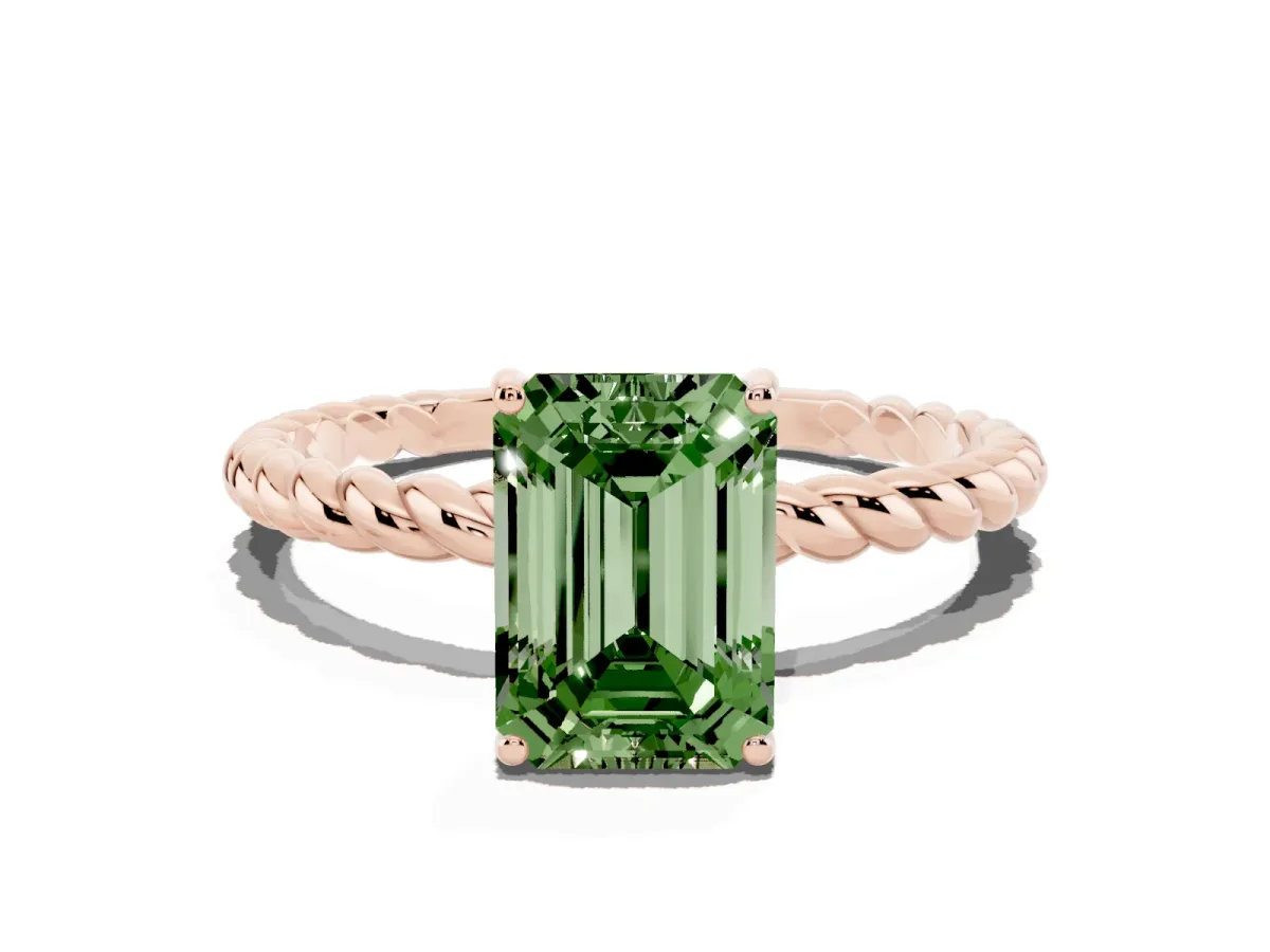Fancy Green Emerald Cut Solitaire Twisted Band 4-Prong Ring Rose gold