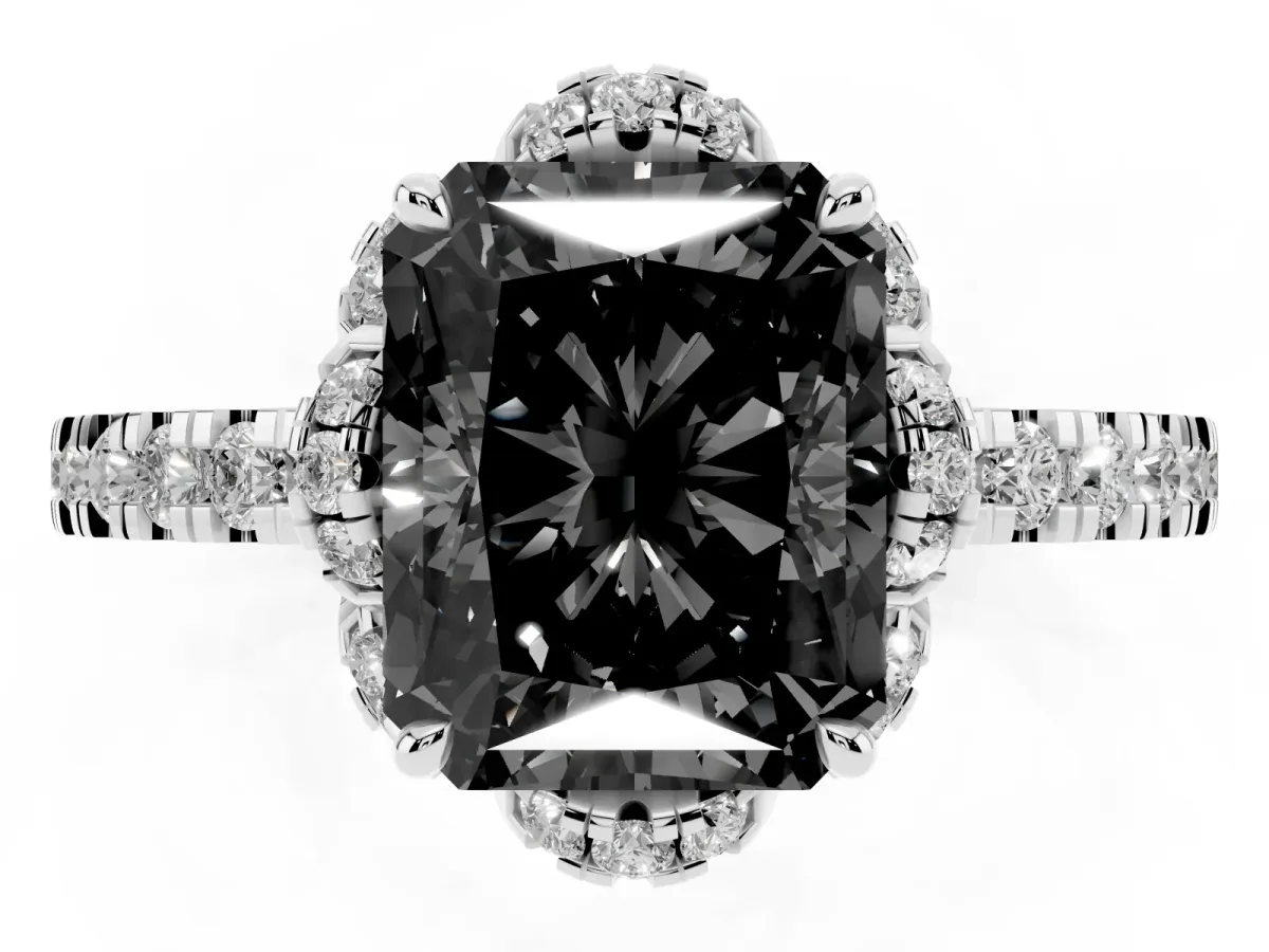 Fancy Black Radiant Cut Diamond Halo Pave Band with Four-Prong Setting Silver