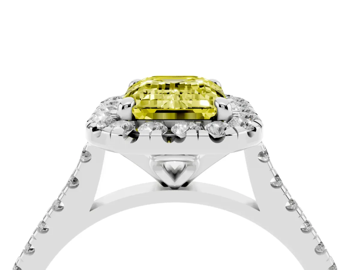 Fancy Yellow Emerald Cut Diamond Cushion Halo Ring with Pavé Band Silver