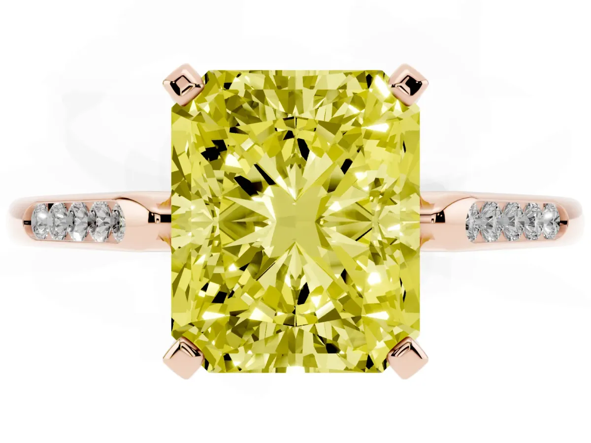 Fancy Yellow Radiant Cut Diamond Solitaire Ring with Channel Set Round Band and Prong Setting Rose gold
