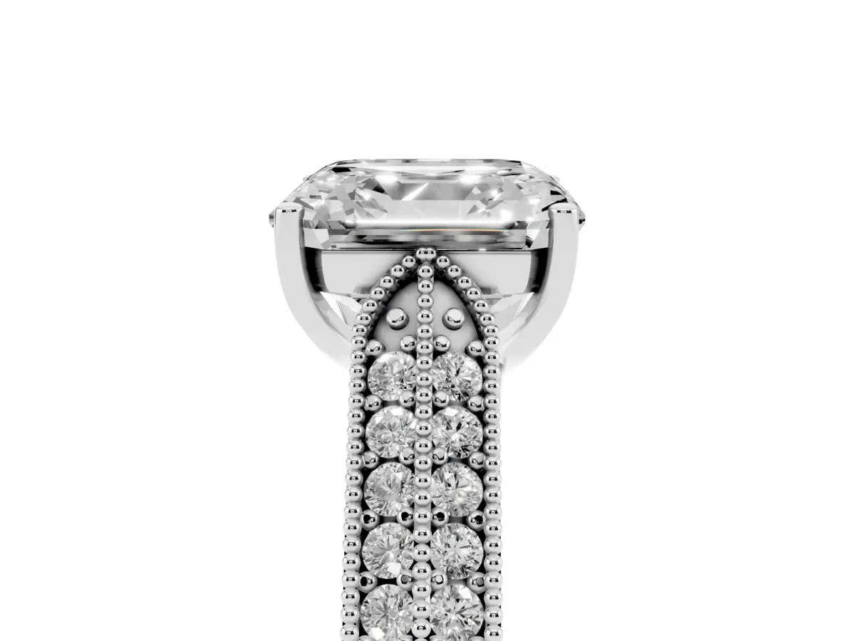 Asscher Cut Cut Pave Split Shank Engagement Ring with Four-Prong Setting Platinum