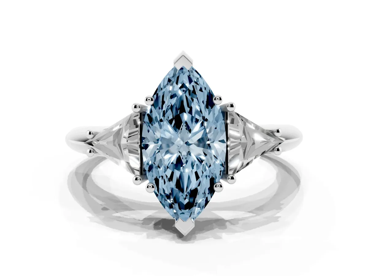 Fancy Blue Three-Stone Marquise Cut Diamond Engagement Ring with Trillion Side Stones and Prong Setting Silver