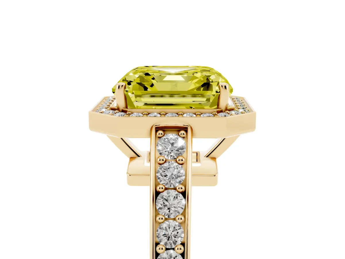 Fancy Yellow Asscher Cut Halo Pavé Diamond Engagement Ring with Bezel Setting Yellow gold
