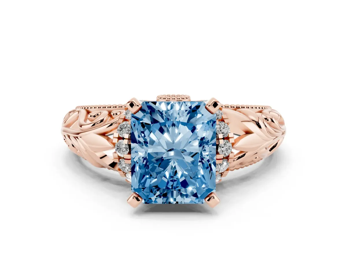 Fancy Blue Radiant Cut Solitaire Filigree Engagement Ring with Halo and Prong Setting Rose gold