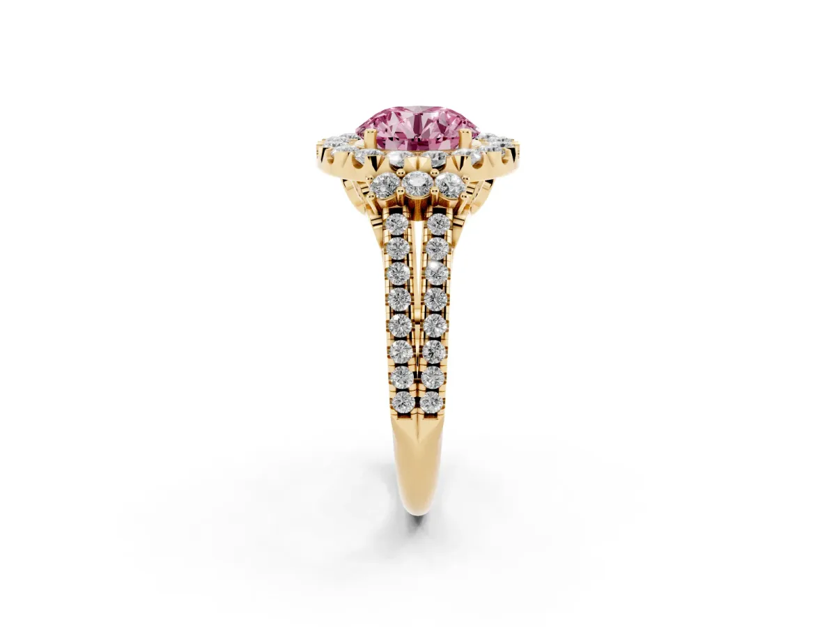 Fancy Pink Round Cut Cut Double Halo Diamond Engagement Ring with Pave Band and Four-Prong Setting Yellow gold