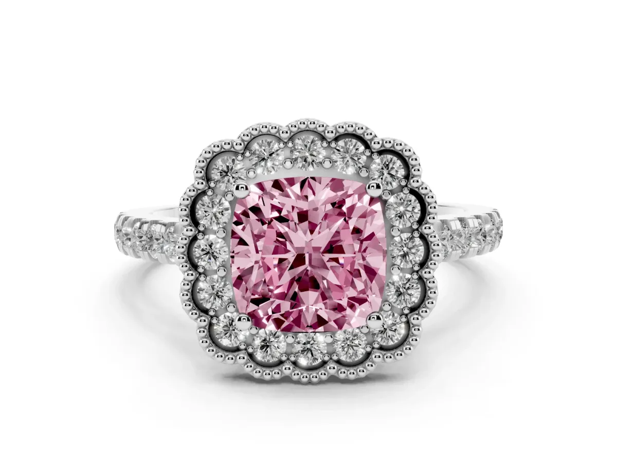 Fancy Pink Cushion Cut Cut Diamond Milgrain Floral Halo Engagement Ring with Pavé Band White gold