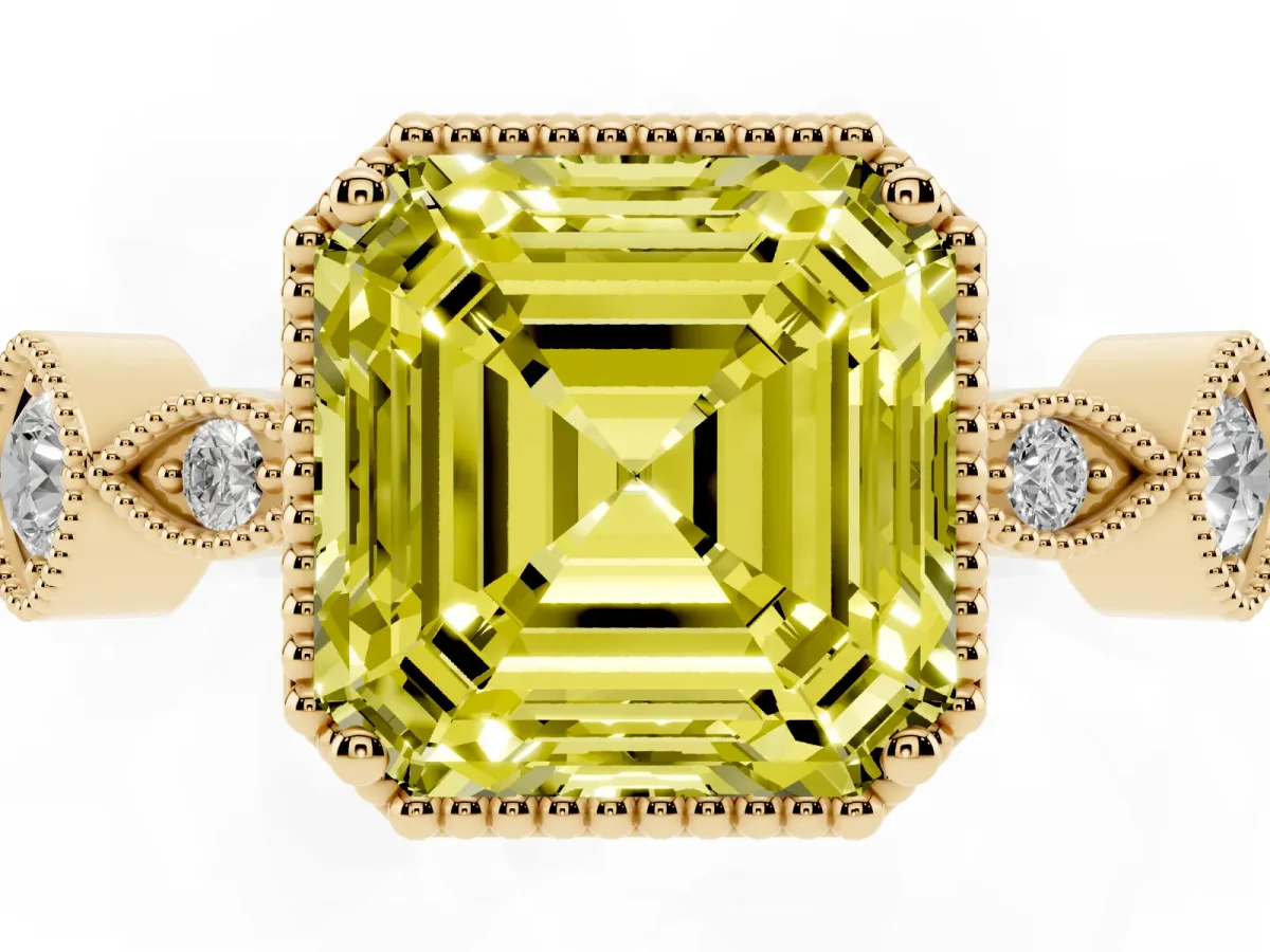 Fancy Yellow Asscher Cut Diamond Vintage Milgrain Ring with Round Stations Yellow gold