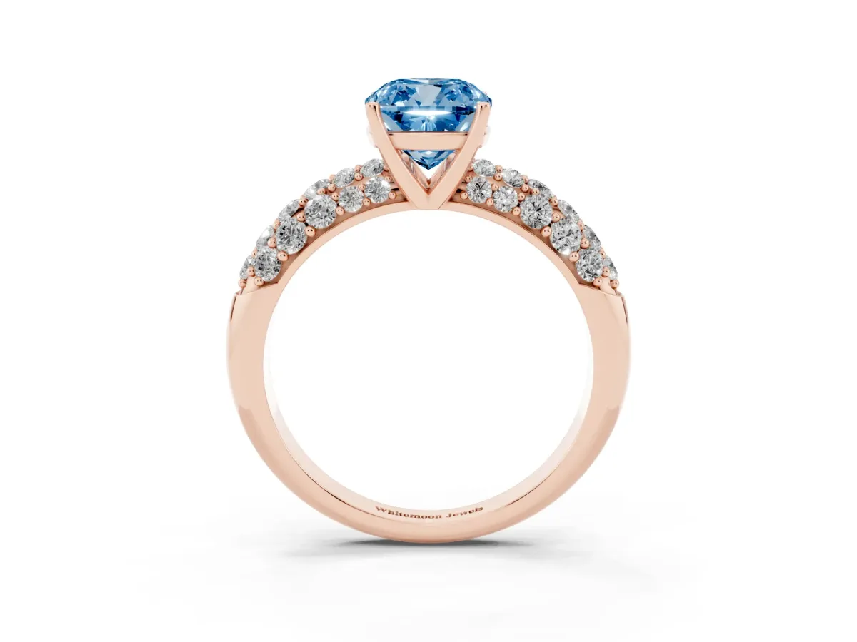 Fancy Blue Cushion Cut Diamond Pavé Band Solitaire Ring with Four-Prong Setting Rose gold