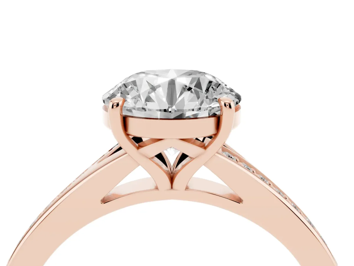 Round Cut Diamond Solitaire Ring with Pavé Band and Prong Setting Rose gold