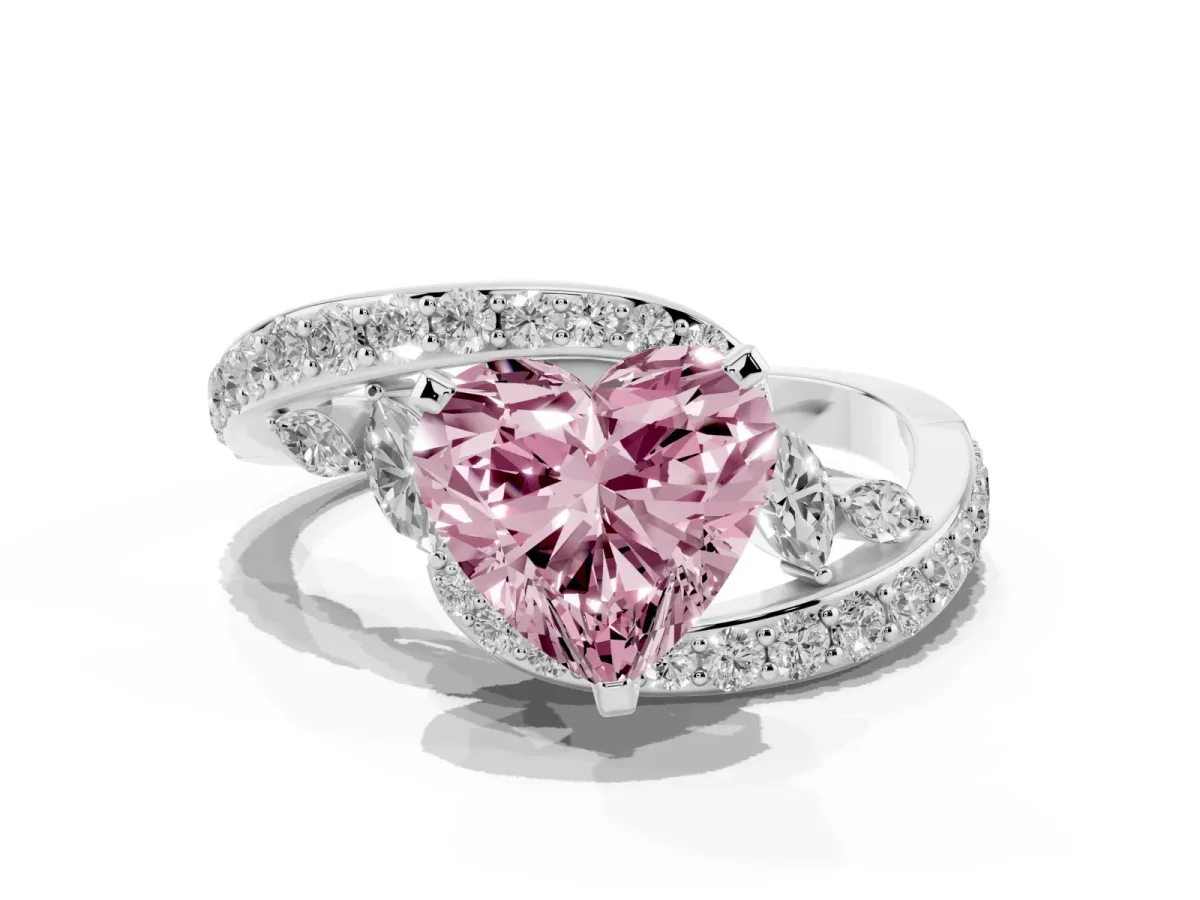 Fancy Pink Heart Cut Solitaire with Pavé Twist Band and Four-Prong Setting Silver
