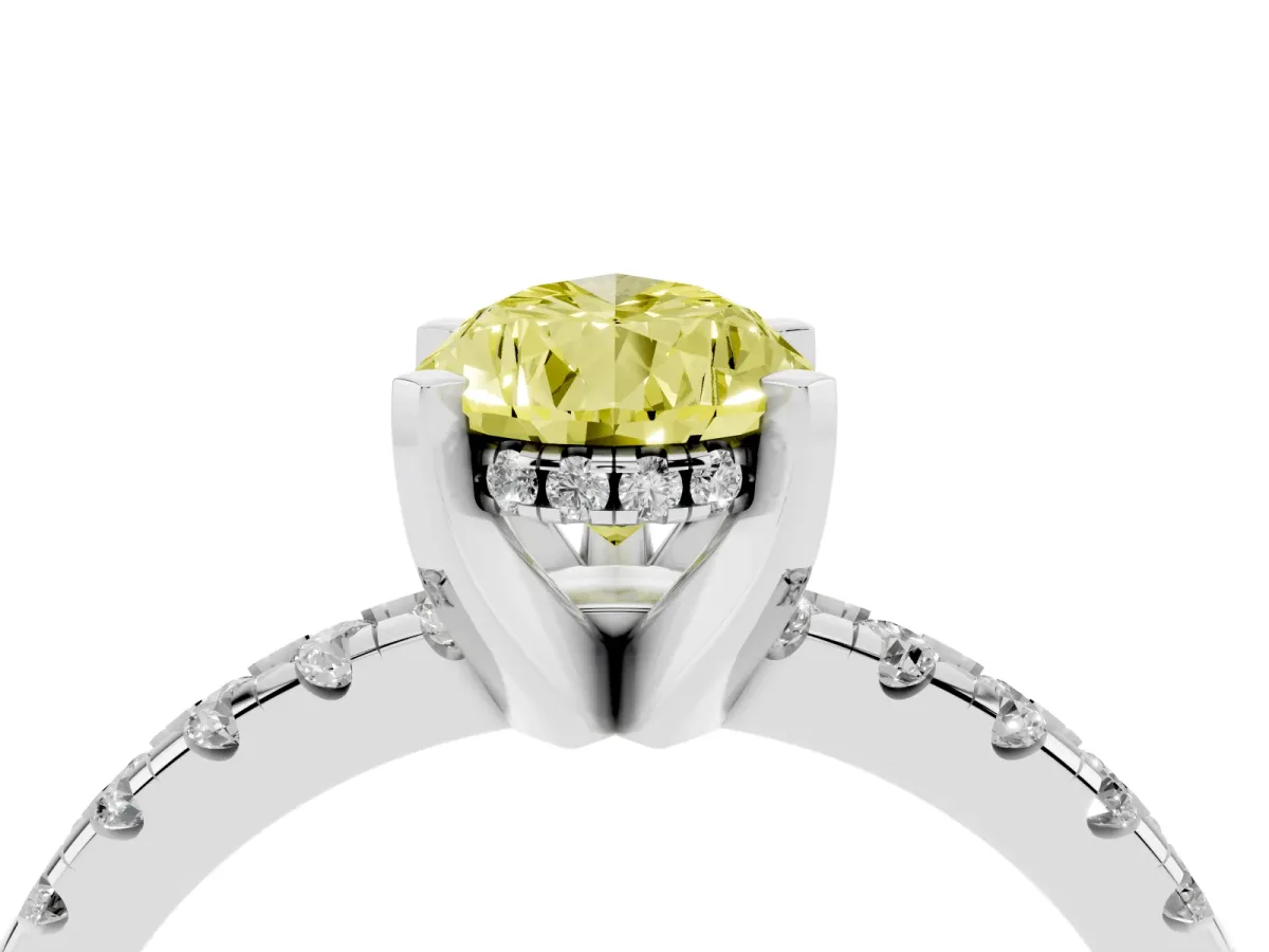Fancy Yellow Pear Cut Diamond Solitaire Ring with Round Pavé Band and Four-Prong Setting Silver