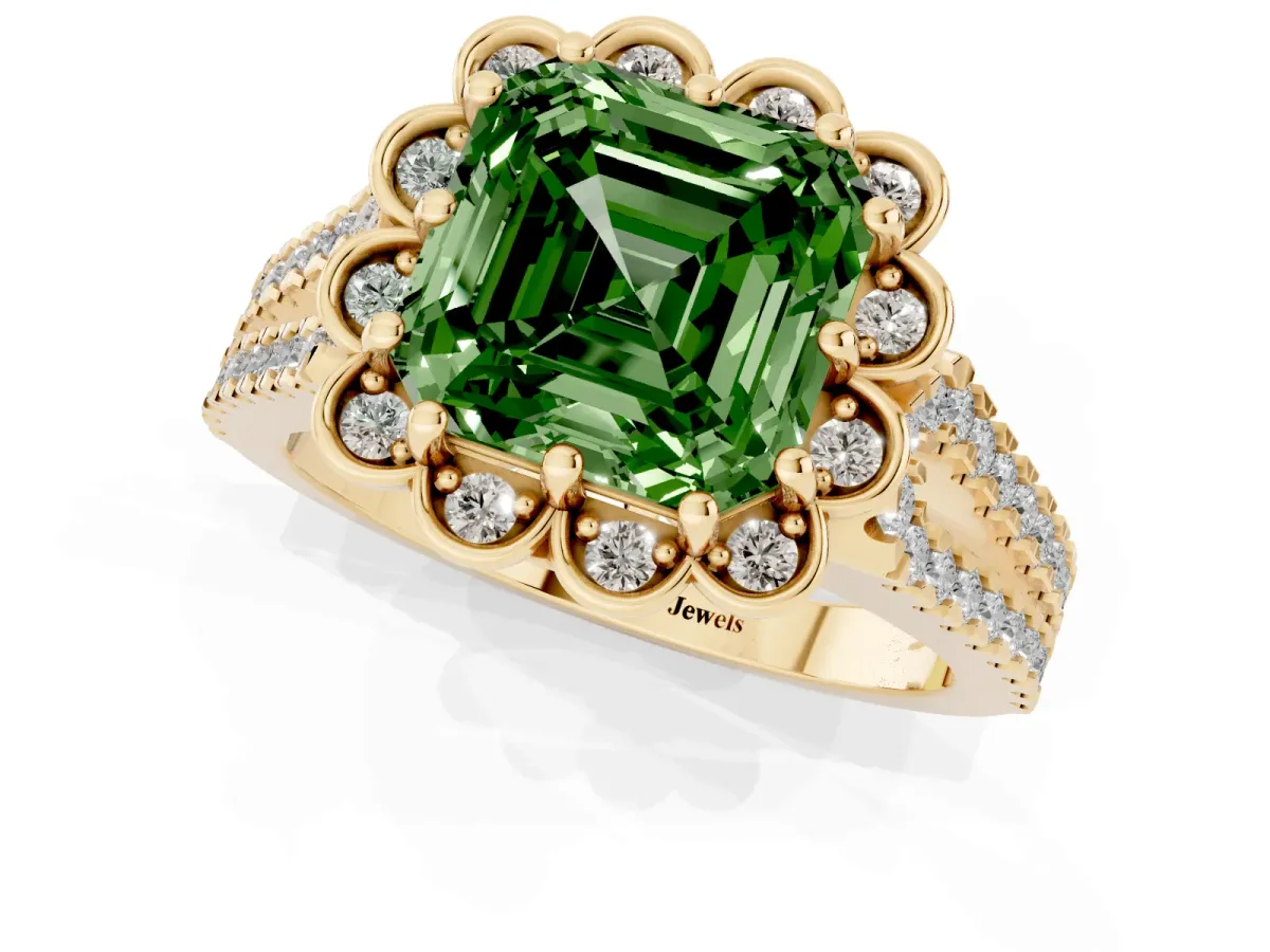 Fancy Green Asscher Cut Halo Diamond Floral Split Shank Engagement Ring Yellow gold