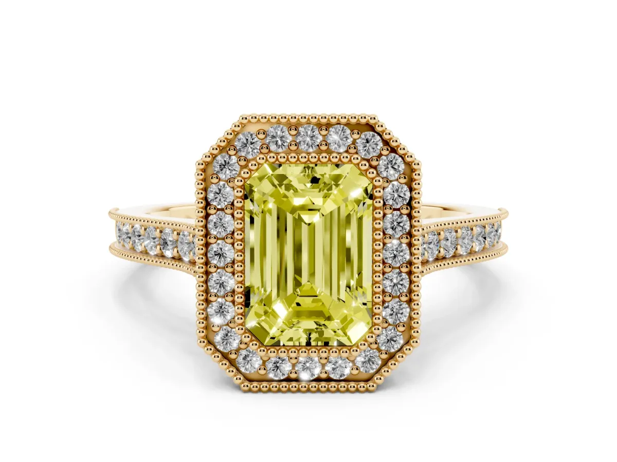 Fancy Yellow Halo Emerald Cut-Cut Diamond Pave Band Milgrain Prong Setting Ring Yellow gold