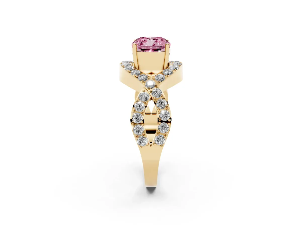 Fancy Pink Cushion Cut Solitaire Twist Band Pavé Diamond Engagement Ring Yellow gold