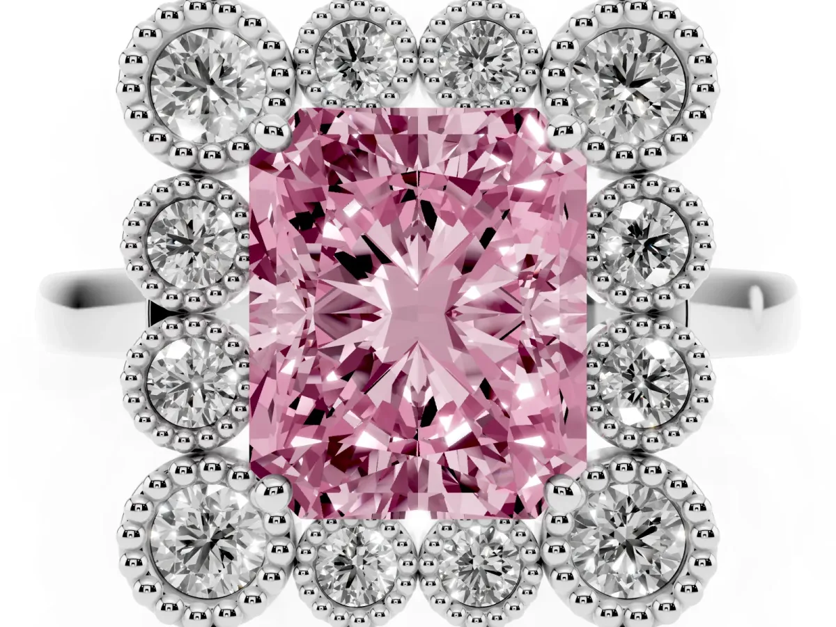 Fancy Pink Radiant Cut Halo Diamond Cluster Engagement Ring with Milgrain Bezel Setting and Solitaire Band Platinum