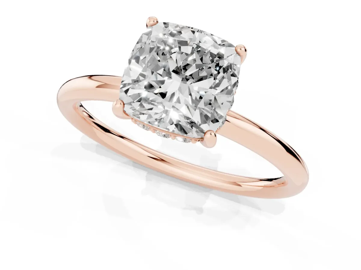 Cushion Cut Solitaire Diamond Ring with a Classic Band and Four-Prong Setting Rose gold
