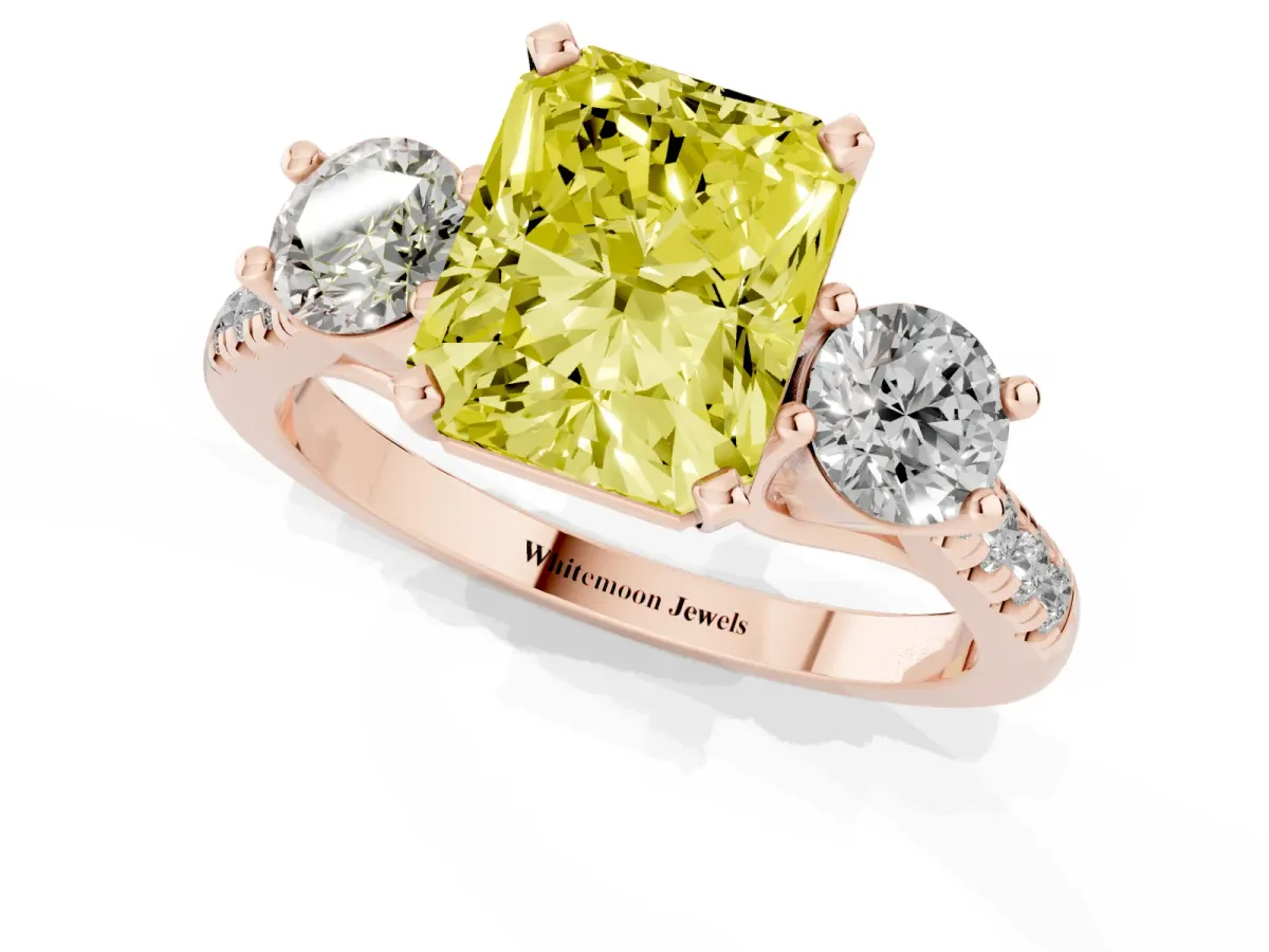 Fancy Yellow Three-Stone Radiant Cut Diamond Pavé Band with Four-Prong Setting Rose gold