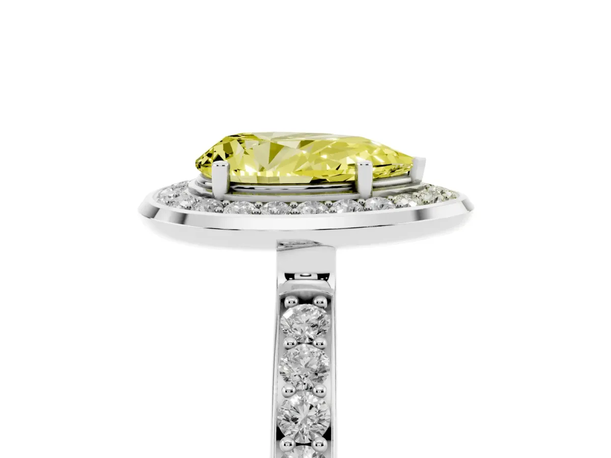 Fancy Yellow Pear Cut Diamond Halo Ring with Bezel Frame and Pavé Band Silver