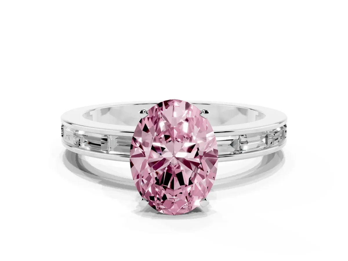 Fancy Pink Oval Cut Solitaire Diamond Ring with Channel-Set Baguette Band and Four-Prong Setting White gold