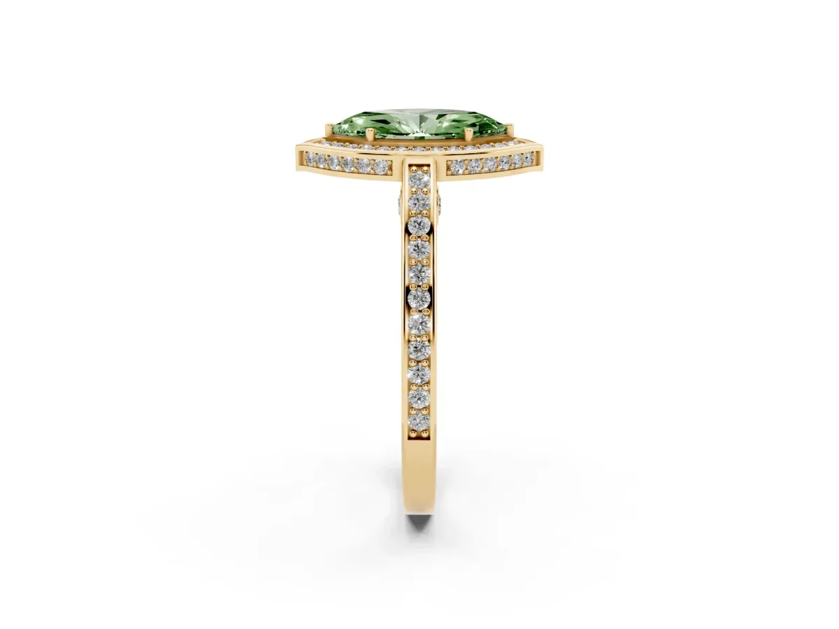 Fancy Green Marquise Cut Cut Halo Pave Split Shank Prong Setting Ring Yellow gold