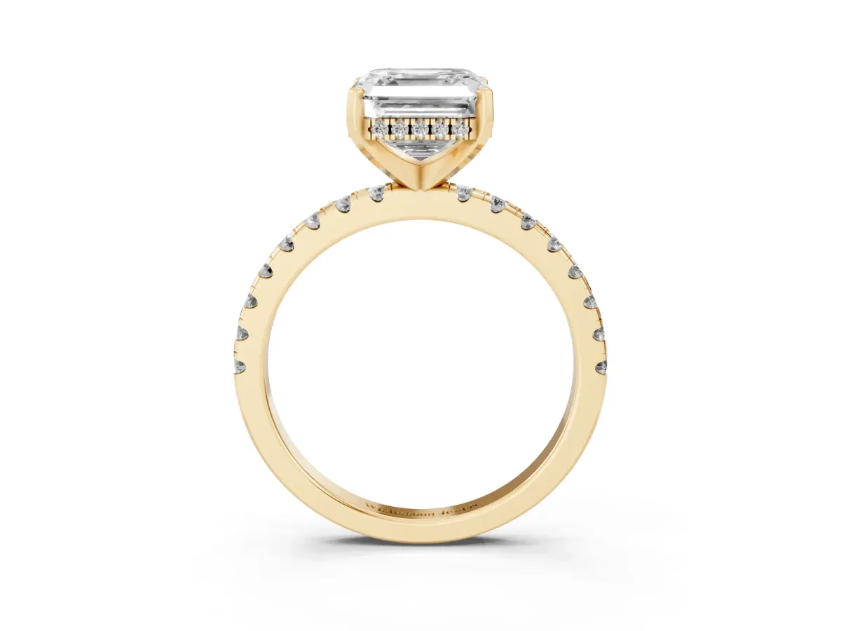 Asscher Cut Diamond Solitaire Ring with Round Pavé Band and Four-Prong Setting Yellow gold